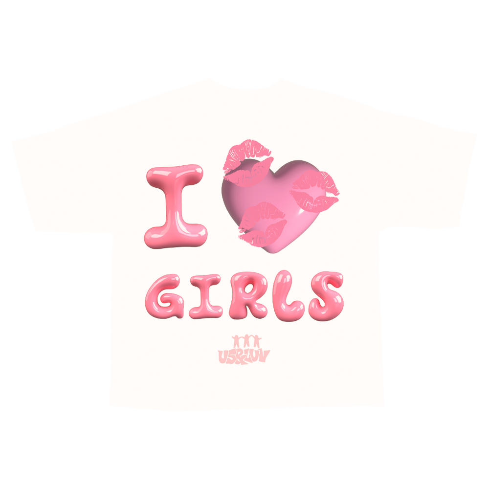 Graphic Tee with 'I Love Girls' Design and Puffy Kissy Lips Print
