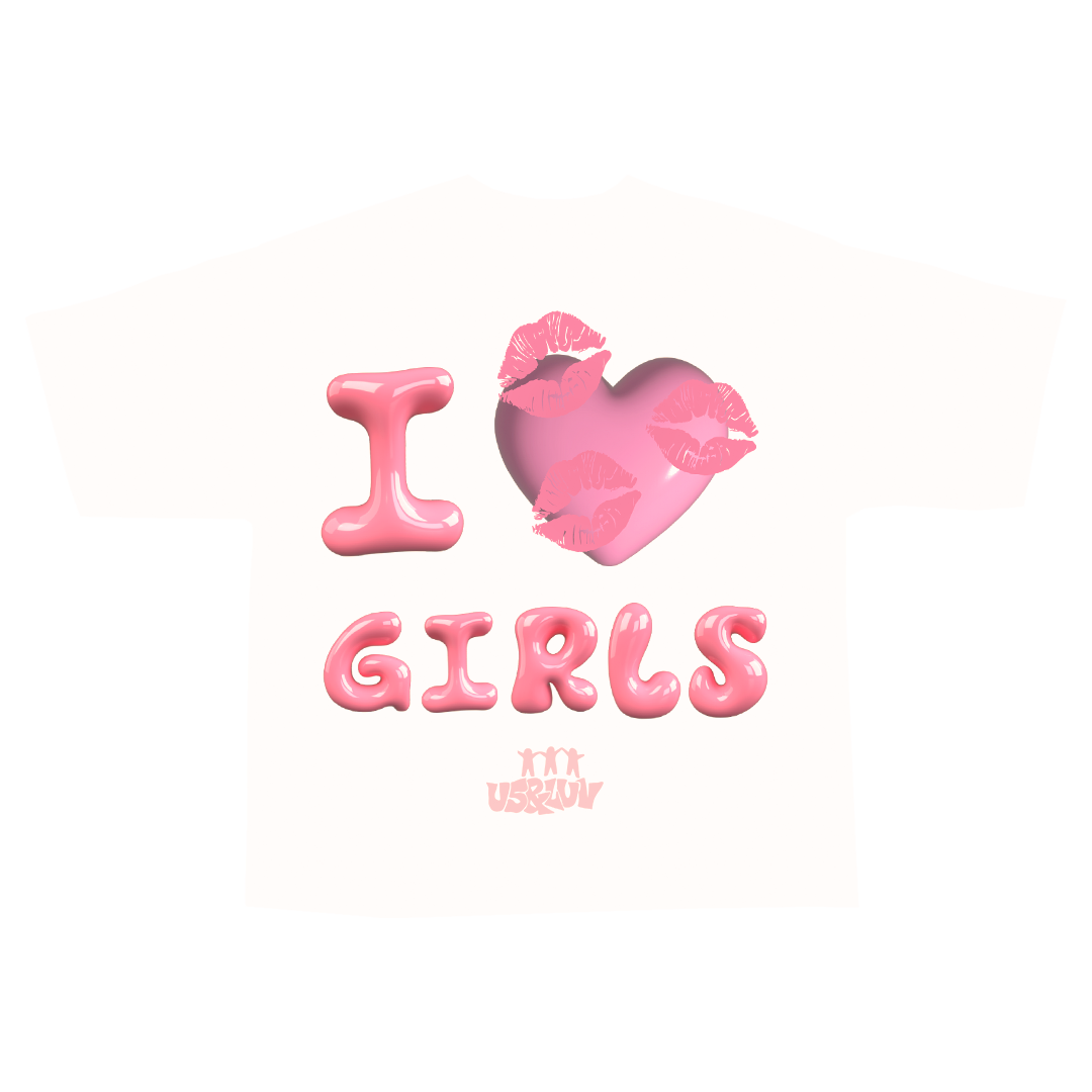 Graphic Tee with 'I Love Girls' Design and Puffy Kissy Lips Print