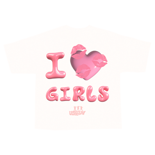 Graphic Tee with 'I Love Girls' Design and Puffy Kissy Lips Print