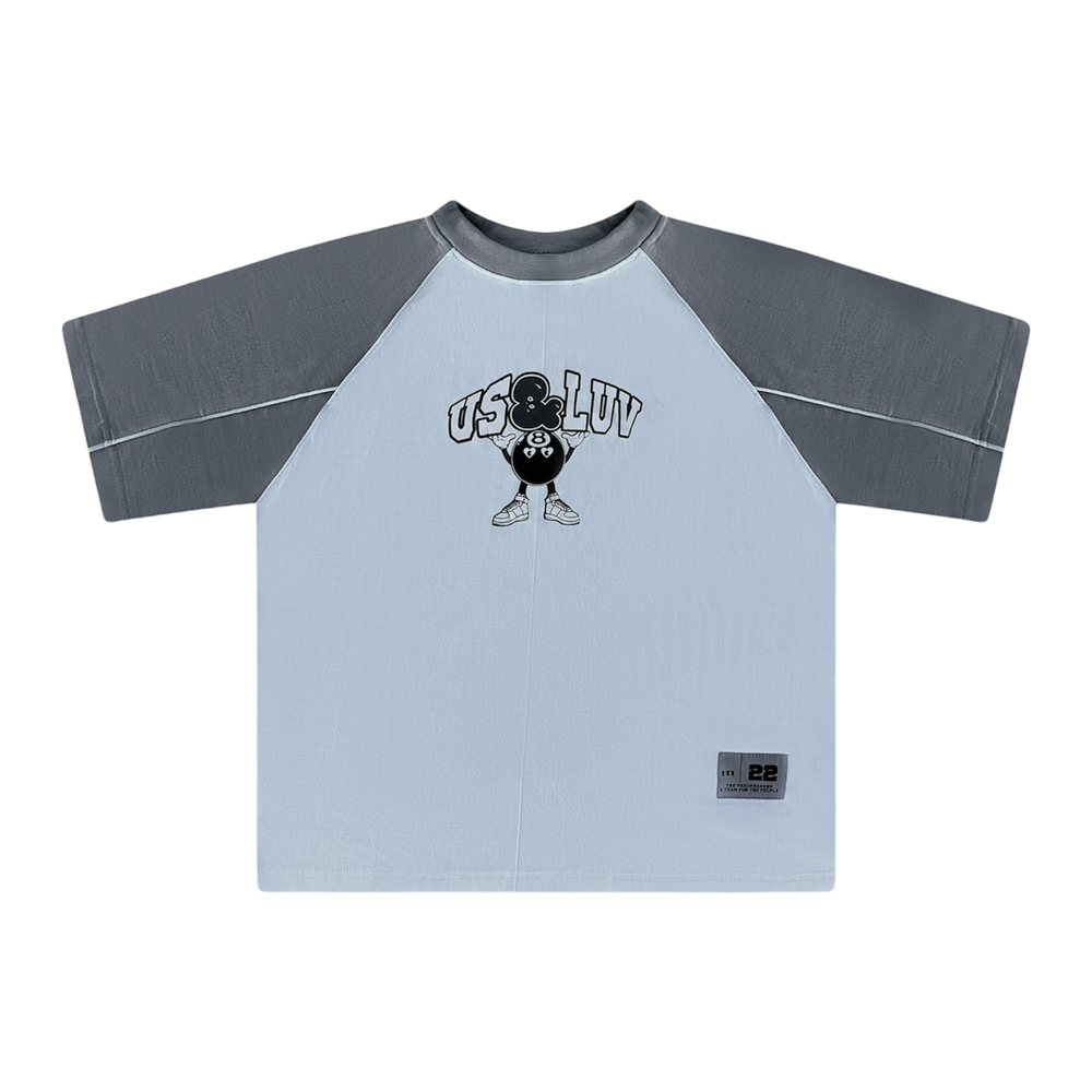 Short Sleeve Raglan T-Shirt in Grey and White with 8-Ball Graphic