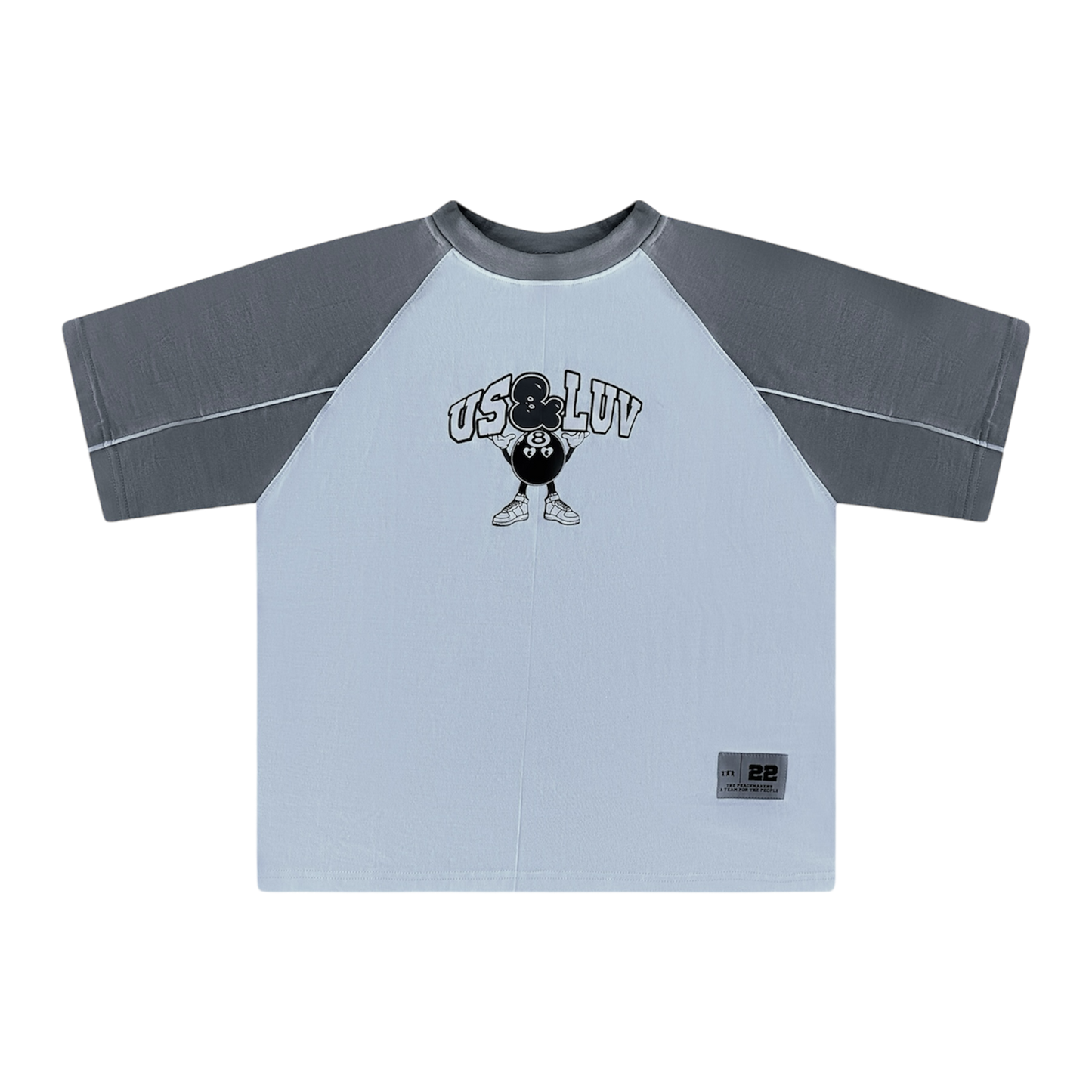 Short Sleeve Raglan T-Shirt in Grey and White with 8-Ball Graphic