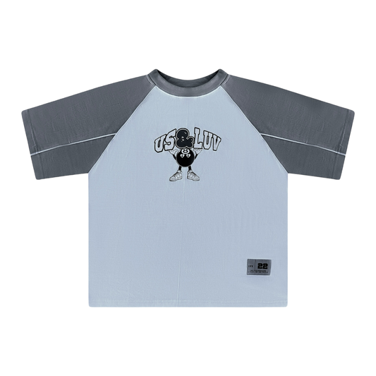 Short Sleeve Raglan T-Shirt in Grey and White with 8-Ball Graphic