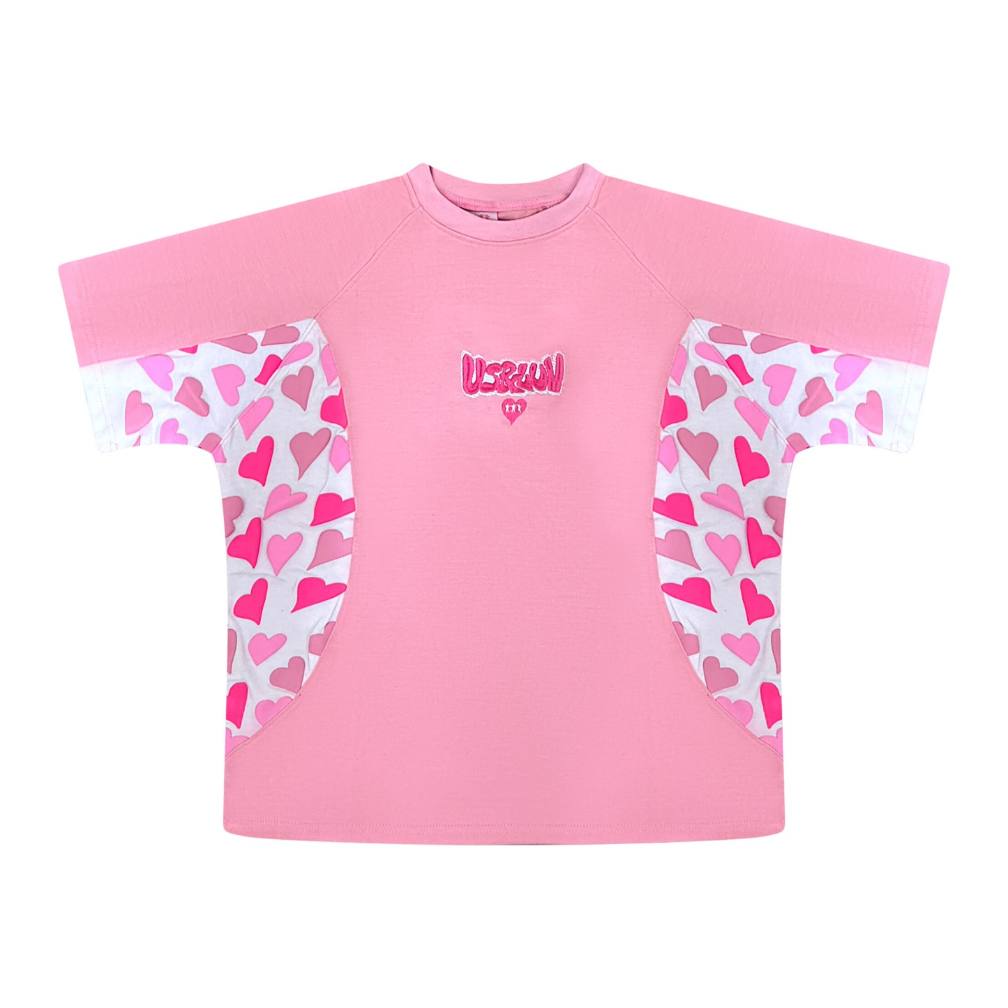 Short sleeve pink shirt with us and luv logo and puff print on the sides 