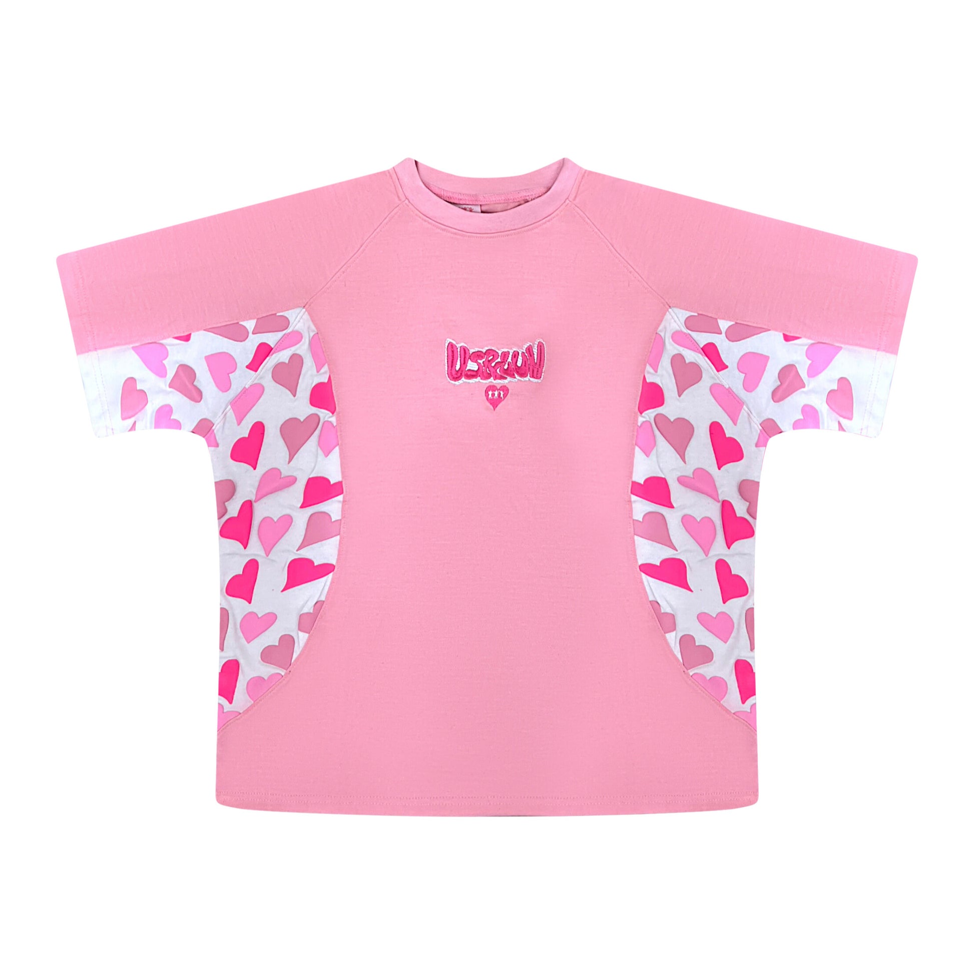 Short sleeve pink shirt with us and luv logo and puff print on the sides 